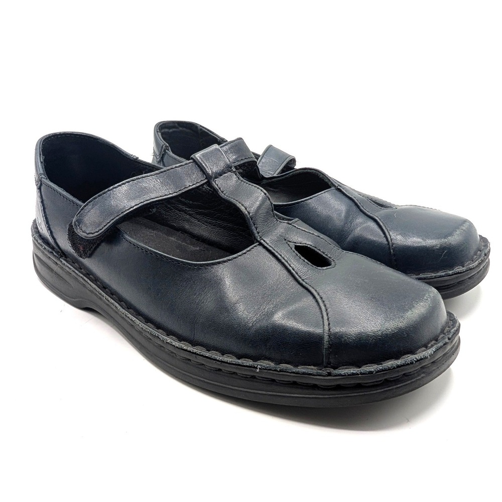Josef Seibel Womens 8 Navy Blue Leather T-Strap Mary Jane Flats Shoes 39